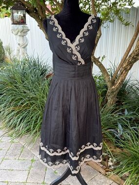 Black Embroidered V-Neck Women's Dress